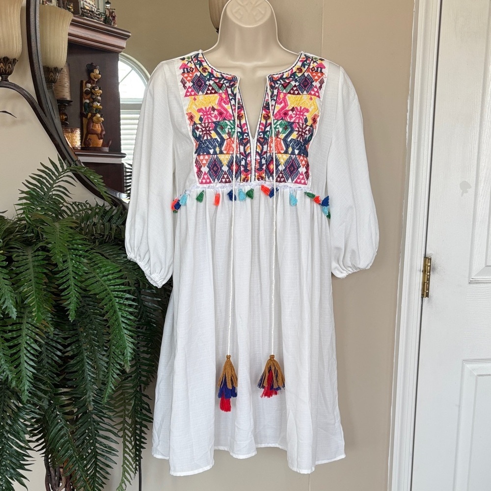 White Colorful Embroidered Tassel Babydoll Dress Puff Sleeves Beach V-Neck Mini